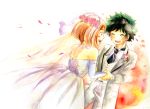  1boy 1girl :d bare_shoulders blush boku_no_hero_academia bridal_veil brown_eyes brown_hair closed_eyes couple dress elbow_gloves flower freckles gloves green_hair hair_flower hair_ornament hand_holding hetero husband_and_wife looking_at_another messy_hair midoriya_izuku necktie open_mouth petals pink_flower pink_rose rose short_hair smile strapless strapless_dress tuxedo uraraka_ochako veil wedding_dress white_dress white_gloves zunko 