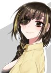  1girl bangs black_eyes blonde_hair braid breasts brown_hair closed_mouth collared_shirt commentary_request ears eyebrows eyelashes eyepatch eyes_visible_through_hair facing_to_the_side from_side girls_frontline grey_background highres large_breasts light_smile long_hair looking_at_viewer looking_to_the_side m16a1_(girls_frontline) mole mole_under_eye multicolored_hair scar shirt simya single_braid solo streaked_hair upper_body white_background yellow_shirt 