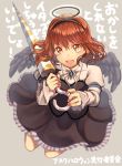  1girl black_wings dress est_tm fake_halo feathered_wings fire_emblem fire_emblem:_mystery_of_the_emblem fire_emblem_heroes grey_background hairband halloween_costume long_sleeves maria_(fire_emblem) nintendo open_mouth red_eyes redhead simple_background solo wings 