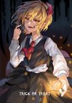  1girl :d absurdres ascot blonde_hair candy food hair_ribbon highres long_sleeves open_mouth pointy_ears red_eyes ribbon rumia shirt short_hair skirt smile touhou trick_or_treat vest white_shirt yasei_akazome 
