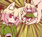  1girl animal_ear_fluff animal_ears bangs bell bell_collar blonde_hair blush brown_collar chibi closed_mouth collar emphasis_lines eyebrows_visible_through_hair fox_ears fox_girl fox_tail green_shirt hair_between_eyes hair_bun hair_ornament head_tilt jingle_bell kemomimi-chan_(naga_u) long_sleeves naga_u orange_neckwear original pleated_skirt purple_skirt red_eyes sailor_collar school_uniform serafuku shirt sidelocks sitting skirt sleeves_past_fingers sleeves_past_wrists smile tail white_sailor_collar 