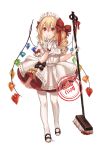  1girl absurdres alternate_costume apron bangs black_bow black_footwear blonde_hair blood blouse blush bow broom commentary commission crystal drill_hair english_commentary enmaided eyebrows_visible_through_hair flandre_scarlet full_body gloves grin hair_between_eyes hair_bow hands_up highres holding holding_broom laevatein long_hair looking_up maid maid_apron maid_headdress mary_janes no_hat no_headwear one_side_up pantyhose petticoat puffy_short_sleeves puffy_sleeves red_bow red_eyes red_skirt shan shoes short_sleeves simple_background skirt slit_pupils smile solo standing touhou white_apron white_background white_blouse white_gloves white_legwear wings yellow_bow 