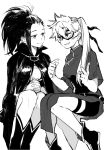  2girls bike_shorts boku_no_hero_academia boots breasts cape china_dress chinese_clothes domino_mask dress greyscale grin hands_clasped hands_together highres interlocked_fingers invisible_chair kendou_itsuka knees_together_feet_apart legs_together loli_bushi looking_at_another mask medium_breasts monochrome multiple_girls own_hands_together ponytail side_slit simple_background sitting sketch smile spiky_hair thigh_strap white_background yaoyorozu_momo 