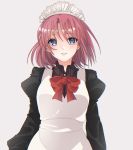  1girl aka_ive apron black_shirt blue_eyes bow bowtie dress_shirt eyebrows_visible_through_hair floating_hair grey_background hair_between_eyes hisui long_sleeves looking_at_viewer maid_headdress parted_lips red_bow redhead shirt short_hair simple_background smile solo standing tsukihime upper_body white_apron 