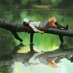  1girl black_hair blurry book book_on_head commentary depth_of_field hand_on_own_chest highres kneehighs lake log long_hair lying nature object_on_head on_back original reflection school_uniform skirt sleeping snatti solo tree water 