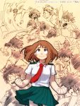  1boy 1girl blush boku_no_hero_academia brown_eyes brown_hair clenched_hands green_skirt hk_(nt) jumping kicking looking_at_viewer looking_up messy_hair midoriya_izuku monochrome_background multiple_views necktie notebook open_mouth pencil pleated_skirt punching red_neckwear shirt short_hair shouting skirt smile u.a._gym_uniform u.a._school_uniform uraraka_ochako white_shirt writing 