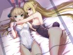 2girls :d animal_ears arm_between_breasts armband arms_around_neck ass bangs bare_shoulders bed between_breasts black_leotard blonde_hair blunt_bangs blush bow bowtie breasts bunny_girl bunny_tail bunnysuit commentary_request couple cowboy_shot elf eyebrows_visible_through_hair eyes_visible_through_hair fake_animal_ears female fishnet_pantyhose fishnets from_above green_eyes hair_between_eyes hand_holding happy highres hug large_breasts legs leotard long_hair looking_at_viewer looking_to_the_side lying multiple_girls on_back on_bed on_side open_mouth original pantyhose pointy_ears rabbit_ears red_eyes red_neckwear sideboob small_breasts smile strapless strapless_leotard tail tenrai white_leotard wrist_cuffs yuri