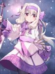  1girl ainu_clothes bangs black_legwear blush bow closed_mouth commentary_request eyebrows_visible_through_hair fate/grand_order fate_(series) fingerless_gloves gloves hair_between_eyes hair_bow hairband holding holding_sword holding_weapon illyasviel_von_einzbern light_brown_hair long_hair long_sleeves pantyhose purple_bow purple_gloves purple_hairband red_eyes sitonai smile solo sword tsuedzu very_long_hair weapon wide_sleeves 