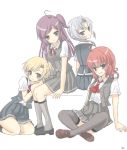  4girls arashi_(kantai_collection) ascot bangs black_footwear black_legwear black_skirt black_vest blonde_hair blush breasts brown_footwear chize closed_mouth collared_shirt eyebrows_visible_through_hair grey_eyes grey_legwear grey_skirt grey_vest grin hagikaze_(kantai_collection) hair_between_eyes kantai_collection kneehighs loafers long_hair maikaze_(kantai_collection) multiple_girls neck_ribbon nowaki_(kantai_collection) one_side_up open_clothes open_vest purple_hair red_neckwear red_ribbon redhead ribbon shirt shoes short_sleeves silver_hair sitting skirt small_breasts smile swept_bangs thigh-highs very_long_hair vest white_background white_shirt 