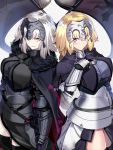  2girls black_legwear blonde_hair blue_eyes breasts circlet commentary_request fate/grand_order fate_(series) flag highres jeanne_d&#039;arc_(alter)_(fate) jeanne_d&#039;arc_(fate) jeanne_d&#039;arc_(fate)_(all) large_breasts long_hair looking_at_viewer multiple_girls ninoude_(ninoude44) silver_hair smirk thigh-highs thighs yellow_eyes 