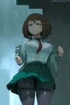  1girl artist_name black_bra blush_stickers boku_no_hero_academia bra breasts brown_eyes brown_hair commentary cutesexyrobutts highres looking_up medium_breasts necktie pantyhose rain see-through shirt short_hair signature solo thighs underwear uraraka_ochako wet wet_clothes wet_shirt 