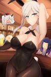  1girl alcohol alternate_costume animal_ears assassin_(fate/stay_night) beer blush breasts bunnysuit chiyo_(pk19981234) cleavage fate/grand_order fate_(series) miyamoto_musashi_(fate/grand_order) rabbit_ears 