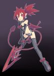  1girl bare_shoulders bat_wings blush demon_girl demon_tail disgaea earrings elbow_gloves etna flat_chest full_body gloves holding holding_spear holding_weapon jewelry makai_senki_disgaea microskirt muu_(mumumer) navel pointy_ears polearm red_eyes redhead simple_background skirt solo spear tail thigh-highs tongue tongue_out twintails weapon wings 
