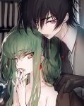  1boy 1girl black_gloves black_hair black_ribbon breasts c.c. cleavage code_geass collarbone creayus eyebrows_visible_through_hair gloves green_hair grey_shirt hair_between_eyes hair_ribbon hands_clasped interlocked_fingers lelouch_lamperouge long_hair looking_at_viewer medium_breasts nude open_mouth own_hands_together ribbon shirt twintails upper_body vampire very_long_hair violet_eyes yellow_eyes 