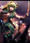  1girl absurdres ahoge animal_ears arrow artist_name atalanta_(fate) black_gloves blonde_hair bow_(weapon) breasts character_name drawing_bow fate/apocrypha fate/grand_order fate_(series) garter_straps gloves green_eyes green_hair hair_between_eyes highres letterboxed long_hair multicolored_hair one_eye_closed small_breasts solo tegar32 thigh-highs thighs weapon 