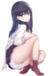  1girl absurdres ass bangs black_hair black_skirt blue_eyes blush bow bowtie cardigan commentary_request eyebrows_visible_through_hair highres long_hair long_sleeves looking_at_viewer microskirt open_mouth panties pleated_skirt red_legwear school_uniform shirt simple_background sitting skirt smile socks solo ssss.gridman sunhyun takarada_rikka thighs underwear white_background white_cardigan white_panties white_shirt 