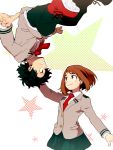  1boy 1girl boku_no_hero_academia brown_eyes brown_hair eye_contact floating freckles green_eyes green_hair green_pants green_shirt grey_jacket hk_(nt) jacket looking_at_another messy_hair midoriya_izuku necktie pants pleated_skirt red_footwear red_neckwear school_uniform shirt shoes short_hair skirt smile sneakers star u.a._school_uniform upside-down uraraka_ochako 