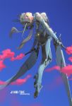  1girl absurdres ass blue_eyes blurry bodysuit boots breasts commentary_request depth_of_field grey_hair hair_ribbon highres legs mecha_musume original personification pointy_ears ribbon short_twintails sima_naoteng sky smoke_trail solo twintails 