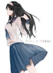  1girl black_hair blue_eyes blue_neckwear blue_sailor_collar blue_skirt bow floating_hair from_side grey_bow grey_shirt hair_bow hand_in_hair happy_birthday harts_02 highres long_hair long_sleeves looking_at_viewer looking_to_the_side miniskirt pleated_skirt sailor_collar school_uniform serafuku shirt simple_background skirt solo tohno_akiha tsukihime white_background 