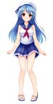  1girl arms_at_sides blue_hair blue_skirt blush breasts brown_eyes full_body hat long_hair looking_at_viewer medium_breasts official_art patriarch_xtasy pricia_patini sailor_hat sandals school_uniform serafuku shirt skirt smile solo standing transparent_background very_long_hair white_hat white_shirt 