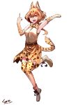  absurdres animal_ears armpits bow bowtie breasts elbow_gloves fang gloves hair_between_eyes highres kemono_friends medium_breasts middle_finger serval_(kemono_friends) serval_ears serval_print serval_tail short_hair standing standing_on_one_leg tail tegar32 thigh-highs thighs white_background yellow_eyes 