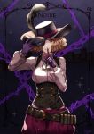  1girl black_feathers black_hat brown_eyes card_(medium) chains cowboy_shot gloves grey_shirt grin hat hat_feather hat_ribbon holding holding_mask index_finger_raised long_sleeves looking_at_viewer mask okumura_haru pants persona persona_5 purple_gloves purple_pants purple_ribbon ribbon shirt signature smile solo standing wani_(fadgrith) 