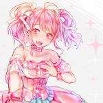  1girl :d ahoge bang_dream! bangs bare_shoulders bow bowtie choker collarbone detached_sleeves dress hair_ribbon hand_on_own_chest here_(artist) looking_at_viewer maruyama_aya open_mouth pink_bow pink_choker pink_dress pink_eyes pink_hair pink_neckwear ribbon sidelocks smile solo sparkle twintails upper_body white_ribbon wrist_bow 