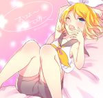  1girl arm_over_head arm_tattoo blonde_hair blue_eyes bow hair_bow hair_ornament hairclip half-closed_eye kagamine_rin kawahara_chisato looking_at_viewer lying number_tattoo on_back one_eye_closed sailor_collar short_hair shorts sleepy solo stretched_limb tattoo treble_clef vocaloid yawning 