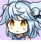  1girl :3 animal_ears azur_lane bangs bare_shoulders black_bow blue_hair blush_stickers bow brown_eyes closed_mouth commentary_request double_bun eyebrows_visible_through_hair flower fubuki_(azur_lane) hair_bow hair_flower hair_ornament long_hair looking_away nagato-chan portrait purple_background purple_bow side_bun simple_background solo white_flower 