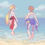  1boy 1girl ass blonde_hair breasts brown_hair butz_klauser closed_mouth commentary_request dancer faris_scherwiz final_fantasy final_fantasy_v long_hair ocean open_mouth shoes smile sunagimo_(nagimo) 