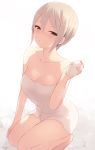  1girl bangs bare_shoulders blush breasts brown_eyes cait cleavage collarbone eyebrows_visible_through_hair grey_hair grin hair_between_eyes hand_up highres idolmaster idolmaster_cinderella_girls looking_at_viewer medium_breasts naked_towel shiomi_shuuko short_hair smile solo sponge squatting teeth towel wet white_towel 