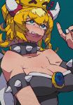  1girl absurdres aqua_background black_dress blonde_hair blue_eyes bowsette breasts cleavage collar collarbone dress eyebrows_visible_through_hair gem hair_between_eyes highres horns large_breasts looking_up super_mario_bros. new_super_mario_bros._u_deluxe nintendo open_mouth spiked_armlet spiked_collar spiked_shell spikes strapless strapless_dress turtle_shell upper_body yaya_hiyayaka 