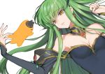  1girl armpits black_sleeves breasts c.c. cheese-kun choker cleavage code_geass creayus detached_sleeves earrings eyebrows_visible_through_hair green_hair hair_between_eyes hair_ornament jewelry long_hair lying on_back parted_lips simple_background small_breasts solo upper_body very_long_hair white_background yellow_eyes 