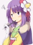  1girl annoyed blush cape commentary_request dadamori eyebrows_visible_through_hair flower gloves hair_flower hair_ornament hieda_no_akyuu holding holding_pen japanese_clothes kimono pen purple_hair short_hair simple_background solo touhou upper_body violet_eyes white_gloves 