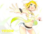  1girl :d arched_back armpits bare_shoulders blonde_hair blush bow breasts fang flat_chest green_eyes hair_bow hair_ornament hairclip headphones headset kagamine_rin kawahara_chisato midriff navel open_mouth outstretched_arms sailor_collar shirt short_hair shorts sideboob sleeveless sleeveless_shirt smile solo song_name spread_arms vocaloid zipper 