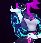  1girl akali bare_shoulders baseball_cap black_background bodypaint bracelet breasts cleavage covered_mouth cropped_jacket crossed_arms face_mask hat i-pan inverted_colors jewelry k/da_(league_of_legends) k/da_akali league_of_legends looking_at_viewer mask medium_breasts midriff off_shoulder paint_splatter pink_hair short_hair_with_long_locks sleeves_pushed_up solo ultraviolet_light yellow_eyes 