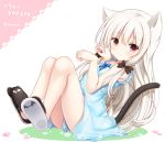  1girl animal_ear_fluff animal_ears bangs black_footwear blue_dress cat_ears cat_girl cat_tail closed_mouth commentary_request dress eyebrows_visible_through_hair hair_between_eyes hair_ornament hands_up highres kemonomimi_mode long_hair looking_at_viewer paw_pose red_eyes shizukawashi_sumi shoe_soles sidelocks silver_hair sitting sleeveless sleeveless_dress slippers solo sophie_twilight tail tonari_no_kyuuketsuki-san twitter_username very_long_hair white_background 