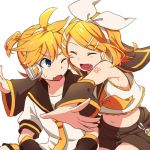  1boy 1girl ;o arm_tattoo armpits bare_shoulders belt blonde_hair blue_eyes blush bow breasts brother_and_sister detached_sleeves fang glomp hair_bow hair_ornament hairclip headphones headset hug hug_from_behind imminent_hug kagamine_len kagamine_rin midriff navel necktie number_tattoo one_eye_closed open_mouth reki_(arequa) sailor_collar short_hair shorts siblings sideboob small_breasts sweatdrop tattoo twins vocaloid yellow_neckwear 