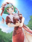  1girl alternate_hairstyle bangs blue_sky blurry blurry_background breasts brown_dress cowboy_shot day dress dutch_angle green_eyes green_hair hair_ribbon itatatata kagiyama_hina looking_at_viewer medium_breasts multicolored multicolored_clothes multicolored_dress no_panties outdoors puffy_short_sleeves puffy_sleeves red_dress red_ribbon ribbon short_hair short_sleeves sky solo summer touhou water wet wet_clothes wringing_clothes 