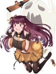  1girl @_@ ankle_lace-up arms_up bare_shoulders bat_wings black_hairband black_wings blush bow breasts brown_gloves brown_legwear bullpup collarbone collared_shirt cross-laced_footwear fake_wings ghost girls_frontline gloves gun hair_bow hair_ornament hairband hairclip halloween hands_up head_wings highres holding holding_gun holding_weapon jack-o&#039;-lantern jack-o&#039;-lantern_hair_ornament large_breasts long_hair mentai_mayo nose_blush object_namesake open_mouth orange_bow orange_footwear orange_shirt orange_skirt pantyhose pleated_skirt purple_hair red_eyes rifle scared shirt shoes shoes_removed sidelocks simple_background skirt sniper_rifle solo torn_clothes torn_legwear torn_shirt very_long_hair wa2000_(girls_frontline) walther walther_wa_2000 weapon white_background wings 