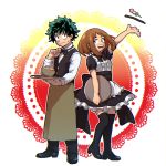  1boy 1girl :d alternate_costume apron black_bow black_footwear black_legwear black_neckwear black_pants black_vest blush_stickers boku_no_hero_academia bow bowl bowtie brown_eyes brown_hair dango floating food freckles green_eyes green_hair hk_(nt) holding holding_tray large_bow maid maid_apron messy_hair midoriya_izuku open_mouth pants shirt short_hair smile sweatdrop thigh-highs tray uraraka_ochako vest wagashi waist_apron wavy_mouth white_shirt 