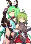  2girls ahoge belt black_gloves breasts brown_eyes copyright_request gloves green_hair grey_gloves gun hair_between_eyes hair_ornament hand_up knife large_breasts looking_at_viewer medium_breasts midriff multiple_girls navel official_art shennai_misha standing weapon white_background 