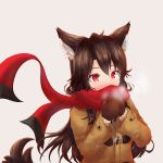  1girl alternate_costume animal_ears beige_background blush breath brown_hair commentary_request contemporary covered_mouth enpera highres imaizumi_kagerou jacket long_hair long_sleeves mittens red_eyes red_scarf scarf simple_background tail touhou upper_body wolf_ears wolf_tail yuuyake 