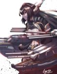  1girl absurdres artist_name breasts brown_hair clenched_hands detached_sleeves grimace highres kantai_collection large_breasts long_hair midriff nagato_(kantai_collection) navel red_eyes rigging solo tegar32 turret white_background 