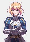  1girl absurdres armor artist_name artoria_pendragon_(all) blonde_hair blush braid breasts excalibur fate/grand_order fate/stay_night fate_(series) french_braid green_eyes highres juliet_sleeves long_sleeves planted_weapon puffy_sleeves saber serious short_hair solo tegar32 weapon white_background 