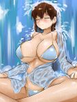  1girl absurdres bare_shoulders bikini bikini_top blue_bikini blush breasts brown_hair cleavage closed_eyes closed_mouth covered_navel fate/grand_order fate_(series) hair_between_eyes highres huge_breasts indian_style large_breasts lotus_position meditation see-through sitting solo steaming_tofu swimsuit under_boob water wet xuanzang_(fate/grand_order) 