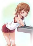  1girl blush brown_hair closed_eyes drinking_fountain gym_uniform highres misaka_mikoto puma_(hyuma1219) short_hair shorts solo to_aru_kagaku_no_railgun to_aru_majutsu_no_index water 