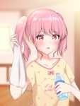  1girl bang_dream! bangs blush bottle bow clothes_writing collarbone commentary_request holding holding_bottle holding_towel indoors maruyama_aya open_mouth pink_bow pink_eyes pink_hair piu_(sunnyglass) polka_dot polka_dot_shirt shirt short_sleeves sidelocks solo sweat towel twintails upper_body water_bottle yellow_shirt 