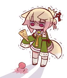  1girl animal_ears bangs bell bell_collar blonde_hair brown_collar brown_footwear chibi collar detached_sleeves double_scoop eyebrows_visible_through_hair food fox_ears fox_girl fox_tail green_shirt green_sleeves hair_between_eyes hair_ornament holding holding_food ice_cream ice_cream_cone jingle_bell kemomimi-chan_(naga_u) kneehighs long_sleeves looking_away looking_down naga_u original red_eyes ribbon-trimmed_sleeves ribbon_trim sailor_collar shaded_face shirt sleeveless sleeveless_shirt sleeves_past_fingers sleeves_past_wrists solo tail trembling white_legwear white_sailor_collar 