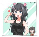  2girls :d aro_1801 bang_dream! bangs black_hair black_tank_top blue_eyes blunt_bangs breasts cleavage collarbone double-breasted hair_ornament hair_ribbon hairclip hanasakigawa_school_uniform highres jitome long_hair long_sleeves looking_at_another looking_at_viewer miori_(aro_1801) multiple_girls neck_ribbon no_mouth okusawa_misaki open_mouth original pink_ribbon red_neckwear ribbon school_uniform smile sweatdrop tank_top twitter_username two_side_up upper_body v v_over_eye 